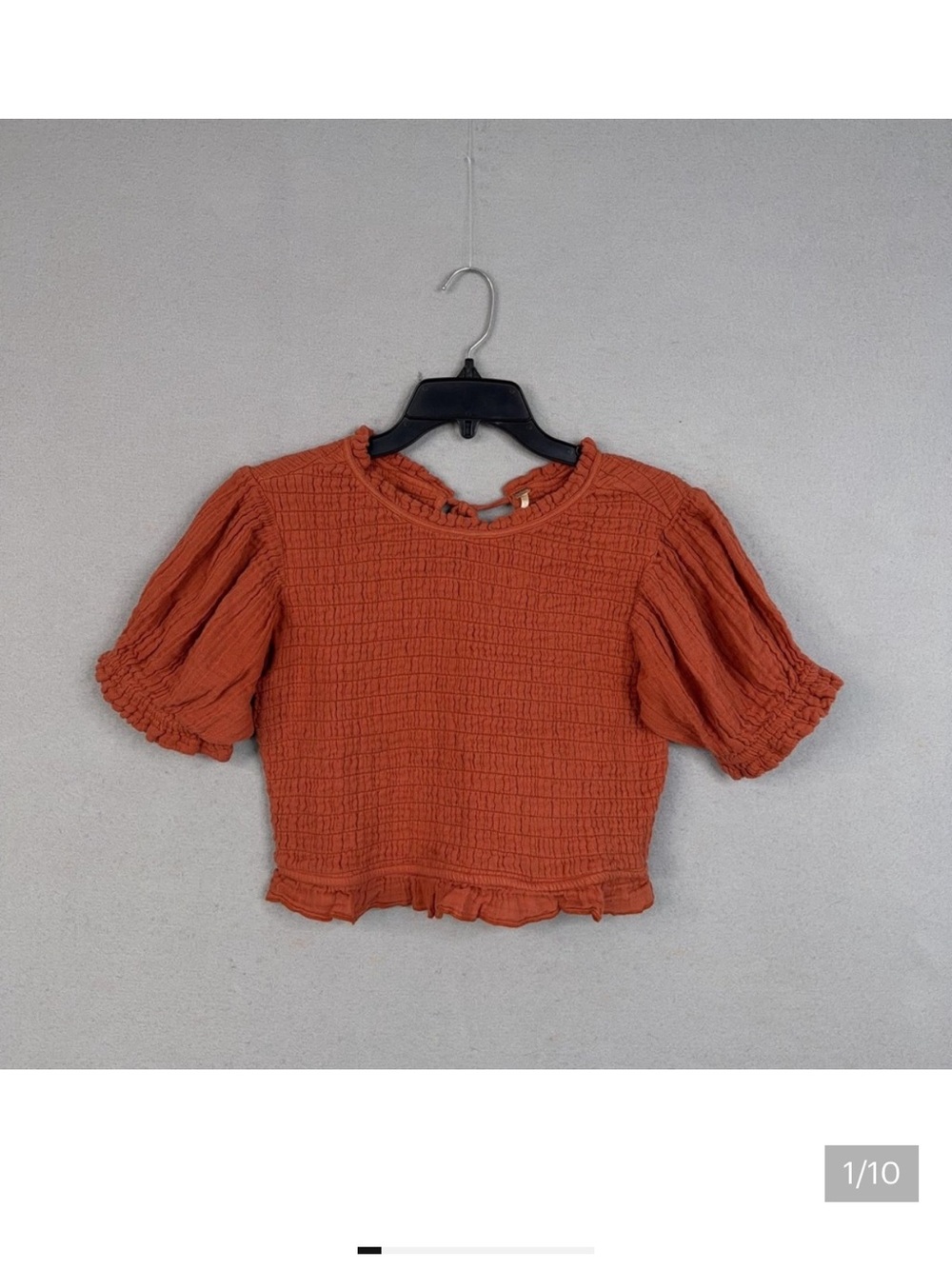 Free People Rust Smocked Puff-Sleeve Crop Top